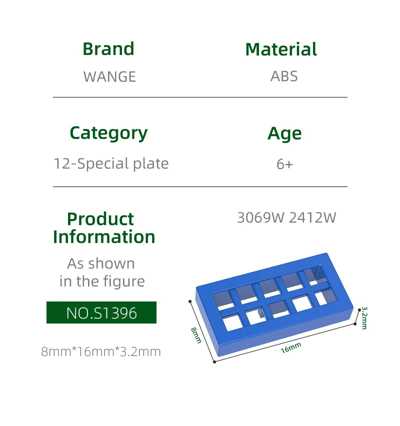 WANGE  3069W/2412W 100g/452PCS 1x2 Tile 2Holes Behind the Grid Building Block Moc Color Compatible with Brick DIY Kid's Toys