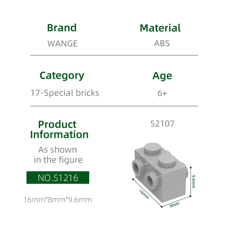 Wange 52107  100g/120PCS 1 x 2 with Studs on 2 Sides Block Moc Compatible with Brick DIY Children's Toy Assembly Parts